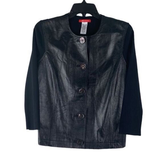 Anne Klein Jacket Black Leather Panel Knit 3/4 Sleeves Button-up Size Medium - Picture 1 of 13